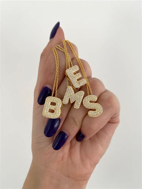 Pave Bubble Letter Necklace, 14k Gold Crystal Initial Pendant, Diamond ...