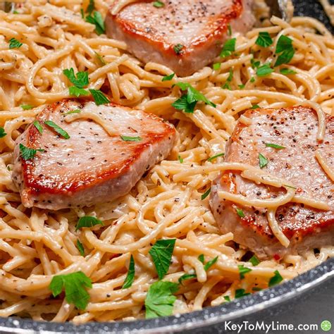 BEST Pork Chop Pasta {Creamy Garlic Sauce VIDEO} - Key To My Lime