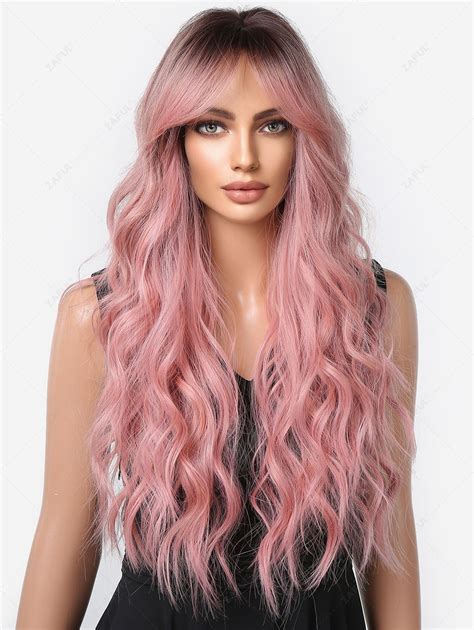 Black Ombre Pink Long Middle Part Bangs Fluffy Wavy Synthetic Wig In ...