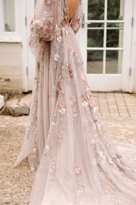 Colorful Floral Lace Boho Wedding Dress with Blouson Sleeves - lace boho gown