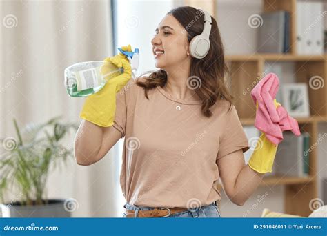 Maid Woman, Bottle and Singing with Headphones, Cloth and Happy with ...