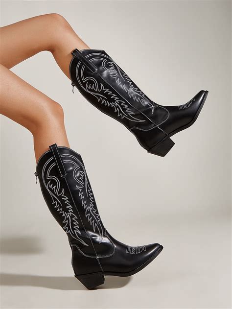 Graphic Pattern Chunky Heeled Western Boots, Black Fashionable Western ...