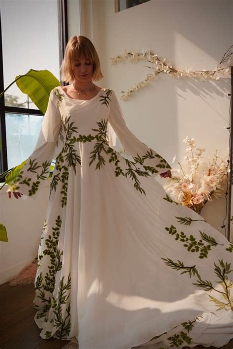 Olive | Green Leaf Forest Embroidery Nontraditional Wedding Dress | Unique Forest Wedding Dress ...