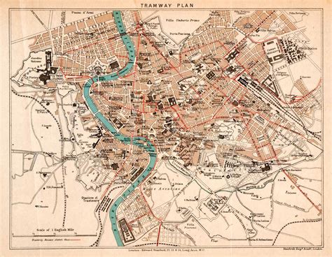 1908 Lithograph Map Tramway Plan Rome Italy Vatican Tiber River Via XG ...