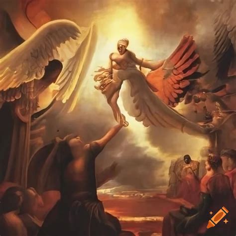 Epic renaissance style art depicting angels and demons in a war scene ...