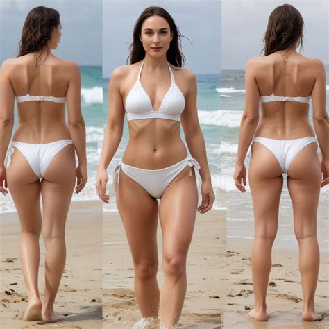Gal Gadot, full body, white slim bikini , front and back view