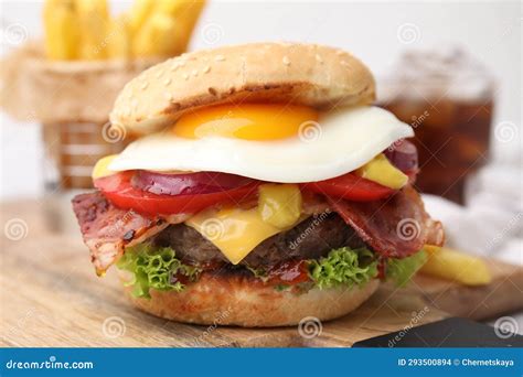 Delicious Burger with Fried Egg on Table, Closeup Stock Photo - Image ...