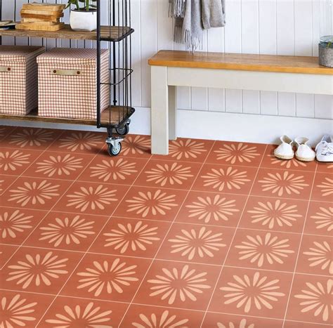Boho Floral Terracotta Floor Tile Sticker Panel, Peel and Stick Decal ...