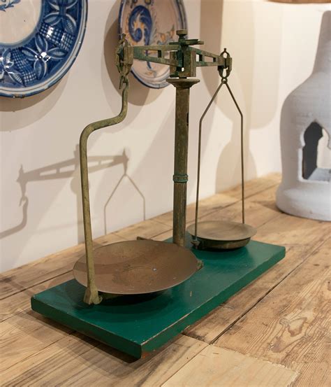 Spanish, Bronze Balance Scale with Green Painted Wooden Stand For Sale ...