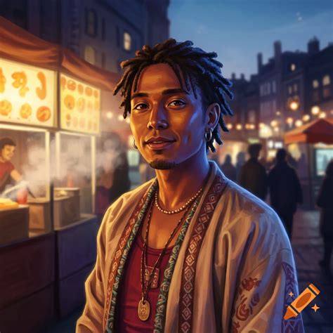 A smiling mixed-race man with dreadlocks wears a patterned jacket and necklaces at a bustling ...