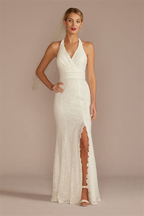 Allover Lace Halter Neck Sheath Wedding Dress SDWG1180 - Onedaybride