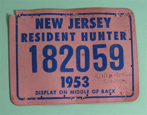 1953 New Jersey Resident Back Tag Hunting License Tag...Free Shipping ...