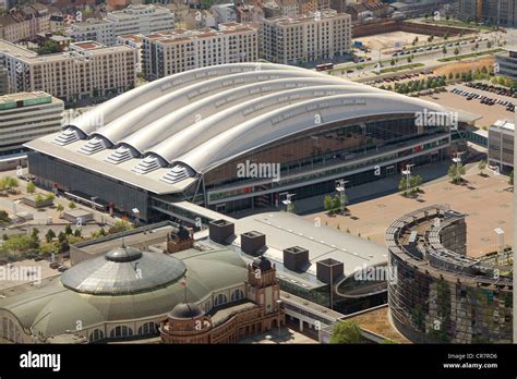 Aerial view, Messe Frankfurt exhibition hall, Frankfurt am Main, Hesse ...