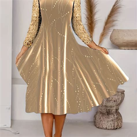 Random Print Flared Dress, Women's Long Sleeve Crew Neck Dress For Fall ...