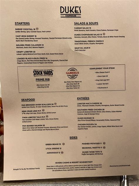 Menu at Dukes Chophouse steakhouse, Schenectady