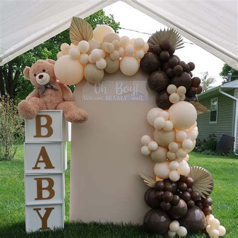We can barely wait backdrop nude and brown balloon garland Brown Baby Shower Ideas, Baby Shower ...