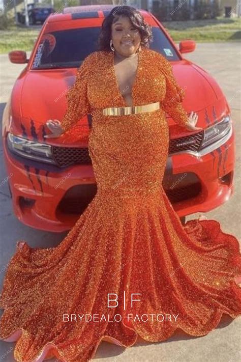 Plus Size Orange Sequins Plunging Neck Long Train Trumpet Prom Dress