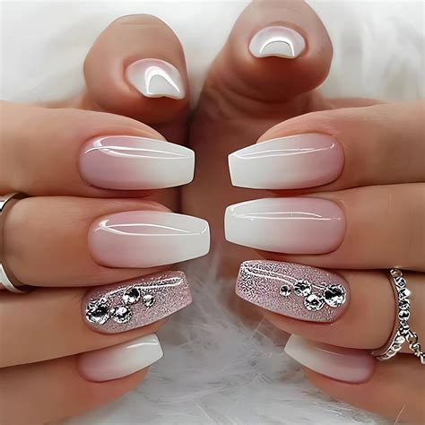 Amazon.com: Medium Coffin Nails Press on Glossy Pink White Fake Nails ...