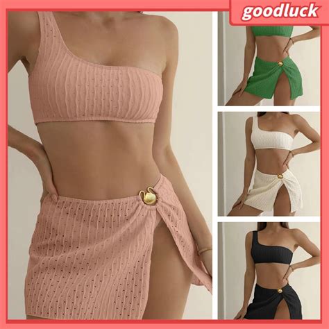 [GDK] 3Pcs/Set Backless Lines Texture Bikini Skirt Set One Shoulder Bra ...