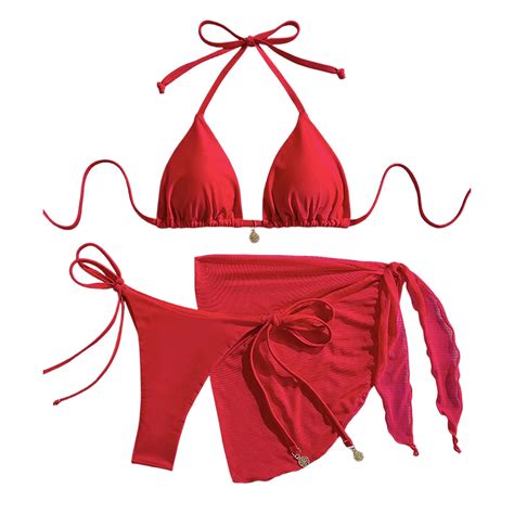 EchfiProm Womens Two Piece Swimsuit Bikini with Skirt Red Triangle Halter Party Bathing Suits ...