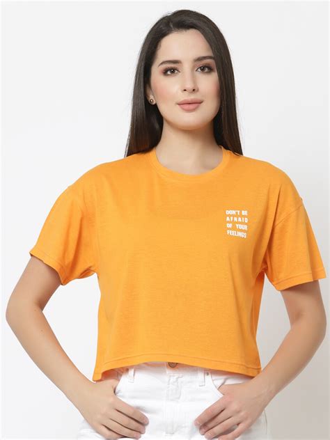 Buy Club York Women Orange Solid Round Neck Drop Shoulder Sleeves T ...