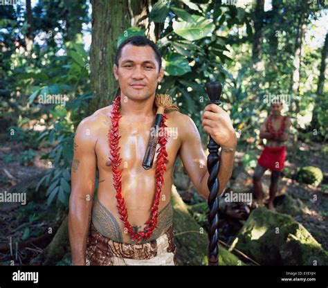 Samoan in traditional dress with staff; Upolu Island, Samoa Stock Photo ...