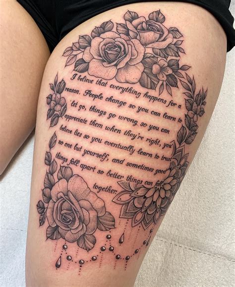 Meaningful floral quote script thigh tattoo – Artofit