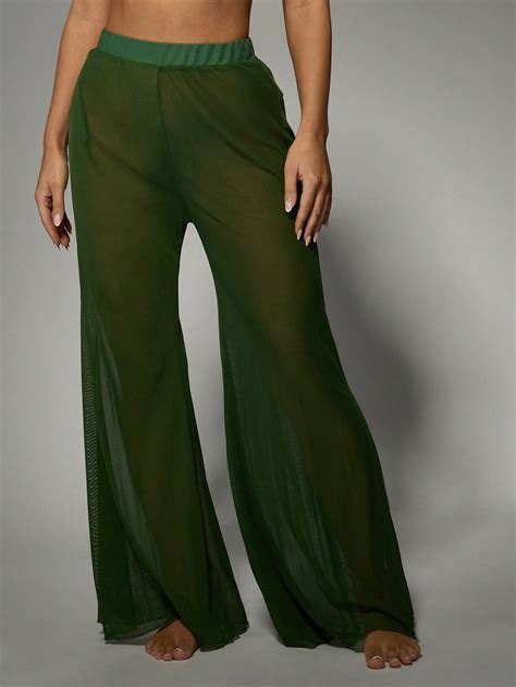 Sheer Mesh Beach Cover Up Pants Wide Leg Palazzo Swimsuit Cover Up ...