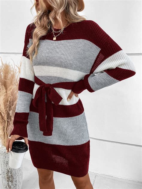 Color Block Drop Shoulder Belted Sweater Dress