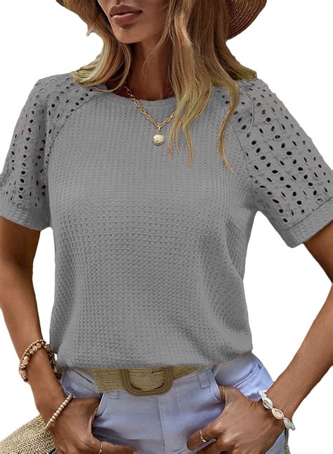 Eytino Womens Basic Tops Waffle Knit Tops Casual Crew Neck Tee Shirts ...
