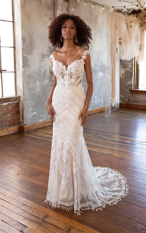 Long Sleeve Boho Lace Column Wedding Dress with Sweetheart Neckline