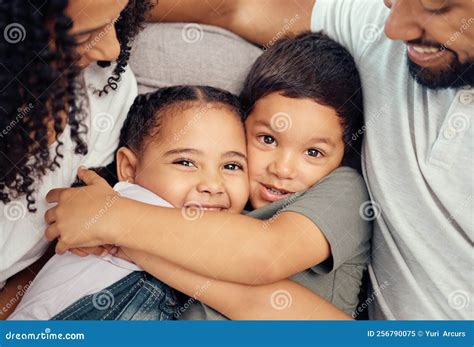 Portrait, Happy Family and Children Hug and Bonding on a Sofa, Happy ...