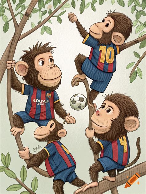 Cartoon monkeys wearing blue and red football kits climb trees with a ...