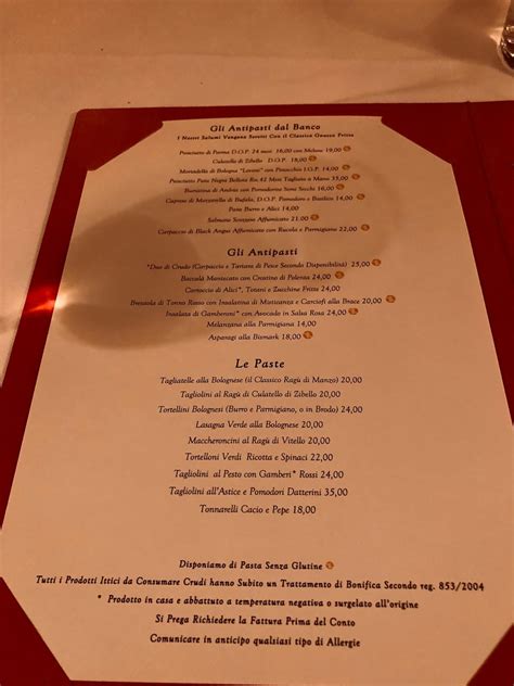 Menu at Dal Bolognese Roma restaurant, Rome