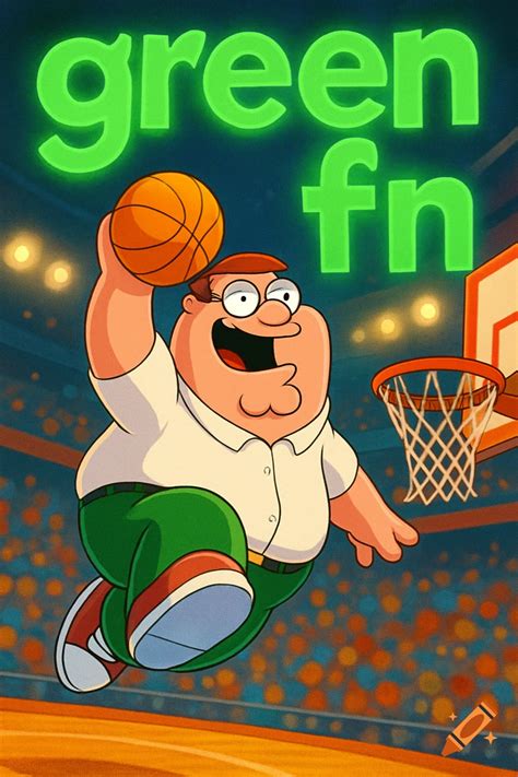 Cartoon Peter Griffin dunks a basketball in an arena, with 'green fn ...
