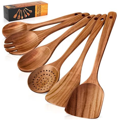 Wooden Spoons for Cooking, 6 PCS Teak Wood Cooking Utensil Set, Wooden ...