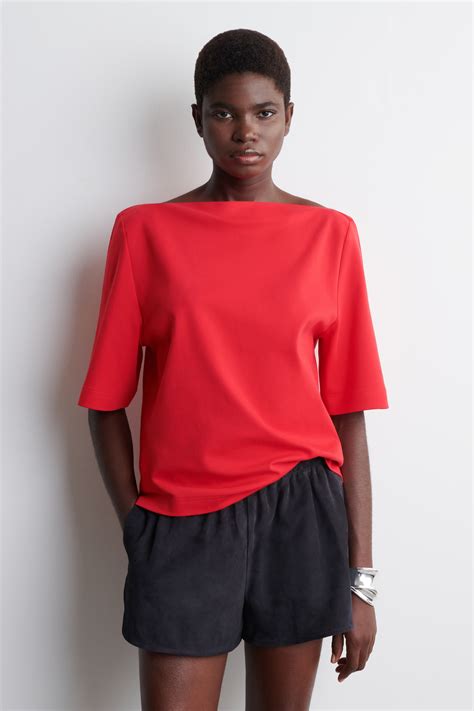 BOAT-NECK COTTON T-SHIRT - RED - Ladies | H&M GB