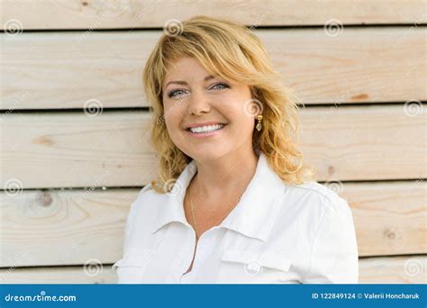 Portrait Positive Mature Middle-aged Woman Smiling Close-up. Blonde ...