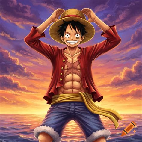 Anime character Luffy from One Piece stands by the ocean at sunset ...