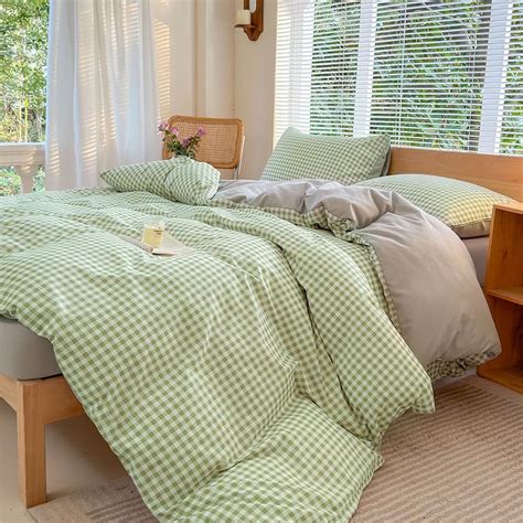 Sage Green Gingham Queen Duvet Cover Set, Green Plaid Comforter Cover ...
