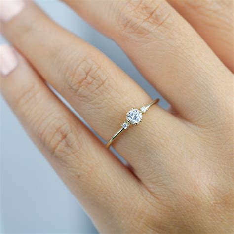Three Stones 18k Gold Diamond Cluster Engagement Ring: Dainty ...