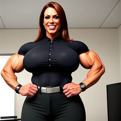 huge muscle girl in office. shortsleeve blouse. Bodybuilder holding binder. slacks. Massive ...