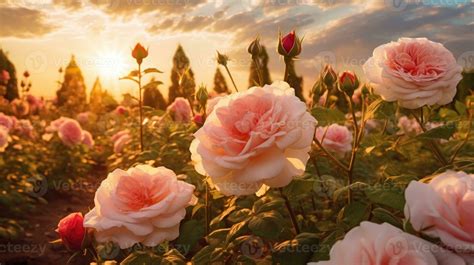 Pink rose field in sunset light, in the style of sun rays shining upon ...