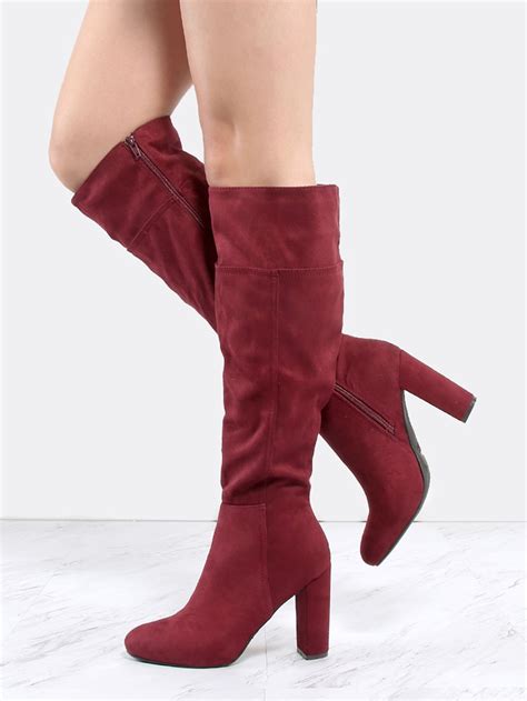 Faux Suede Chunky Heel Knee Boots BURGUNDY -SheIn(Sheinside) | Burgundy ...