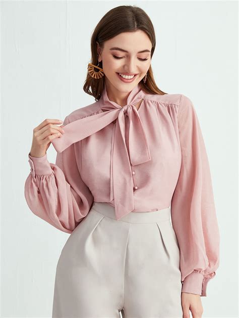 Solid Tie Neck Top | Pink blouse women, Chiffon top designs, Pink ...