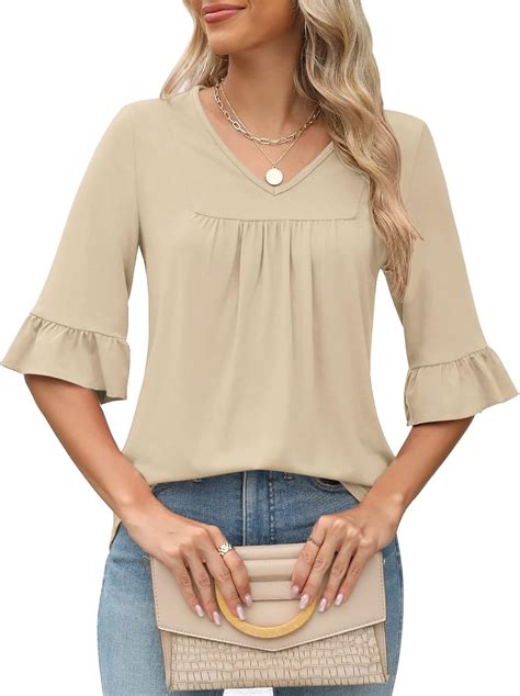 V Neck Business Casual Blouses Summer 2025 Women's 3/4 Sleeve V-Neck ...