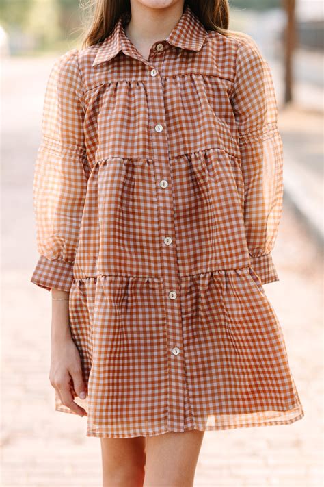 Girls: Take The Leap Butterscotch Brown Plaid Dress - Shop the Mint
