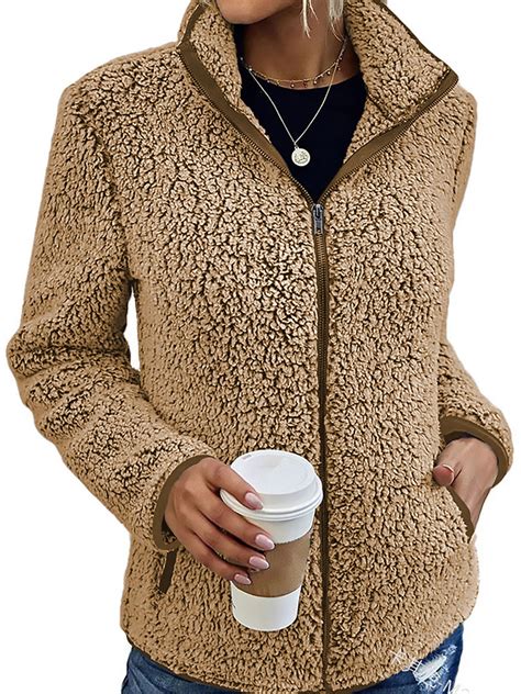 Capreze Women Sherpa Fleece Jacket Full Zipper Faux Fuzzy Casual Bomber ...