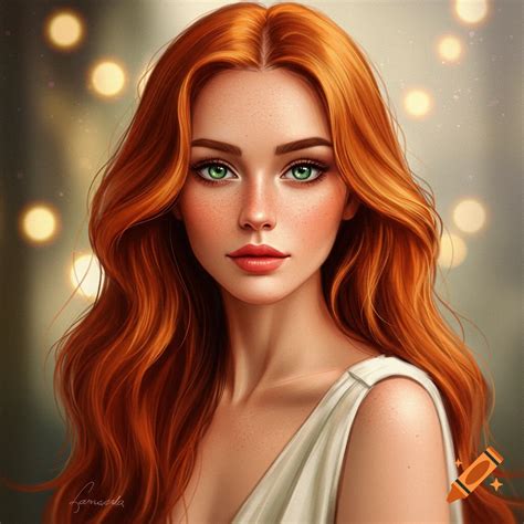 A red-haired woman with green eyes and freckles. on Craiyon