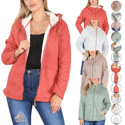 Ladies Hooded Fleece Sherpa Lined Jacket Womens Chunky Knit Zip ...